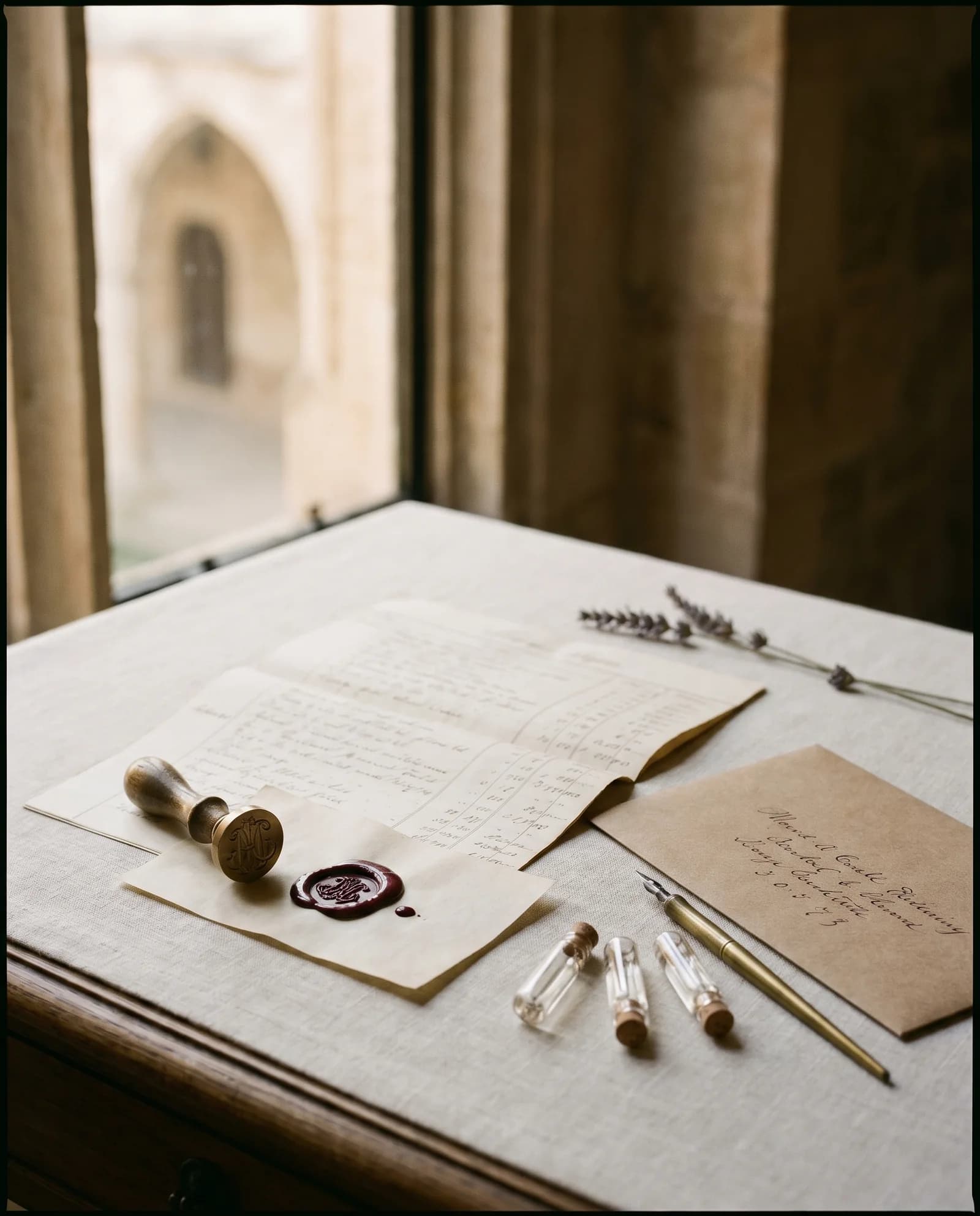 A perfumer's desk in a Cypriot atelier: a sepia-ink ledger, a brass wax seal beside an oxblood wax pool, three glass sample vials, and a sprig of dried lavender at a tall arched window.
