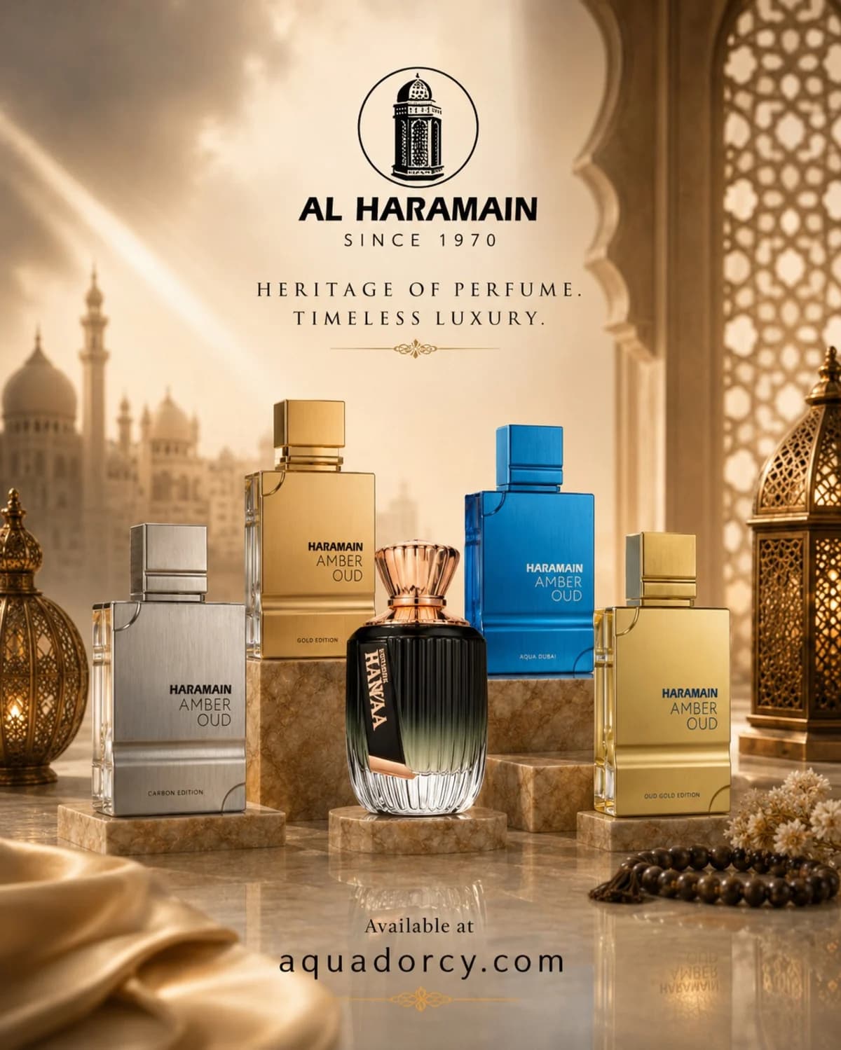 Al-Haramain Amber Oud campaign: five faceted bottles on stone plinths beneath a Levantine arcade, with the Al-Haramain Since 1970 wordmark.