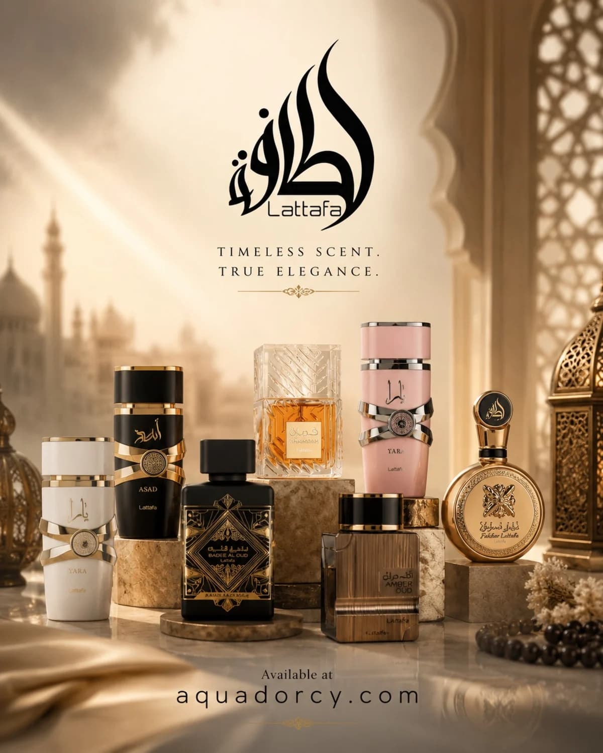 Lattafa campaign: six perfume bottles arranged beneath the Lattafa Arabic calligraphy mark and the line "Timeless Scent. True Elegance."